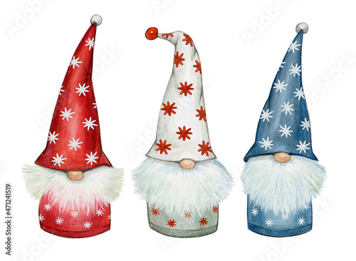 Christmas cute gnomes cartoons, isolated on white. Merry Christmas greeting card. Watercolor illustration.