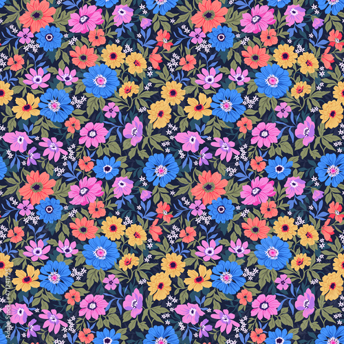 Trendy seamless vector floral pattern. Seamless print from large realistic flowers. A bouquet of flowers from the garden. Bright yellow and purple chrysanthemums on a dark background. Stock vector.