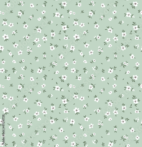 Seamless floral pattern. Ditsy background of small white flowers. Vector pattern. Elegant template for fashion prints. Gray blue background. Summer and spring motifs.
