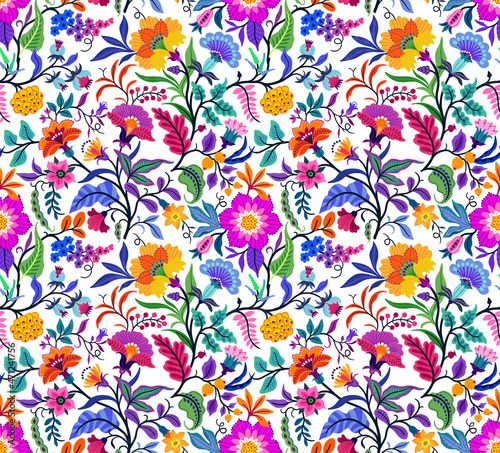 Murais de parede Seamless floral pattern with bright colorful flowers and tropic leaves on a white background