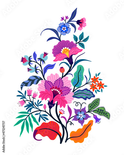 Vector Oriental motif of flowers. Original Floral design with of a woody vine with exotic flowers, tropic leaves and smaller birds. Tree of life Colorful flowers on a white background. Folk style.