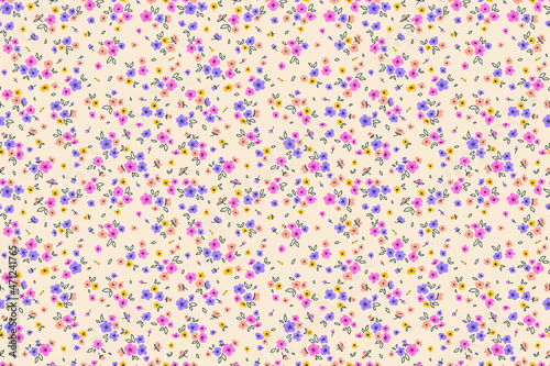 Ditsies floral pattern. Pretty flowers on ivory background. Printing with small colorful (pink, purple, lilac) flowers. Ditsy print. Seamless vector texture. Spring bouquet.