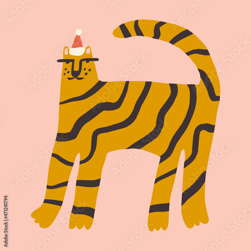 Christmas doodle character tiger cat childish cartoon boho naive funky handdrawn style art vector