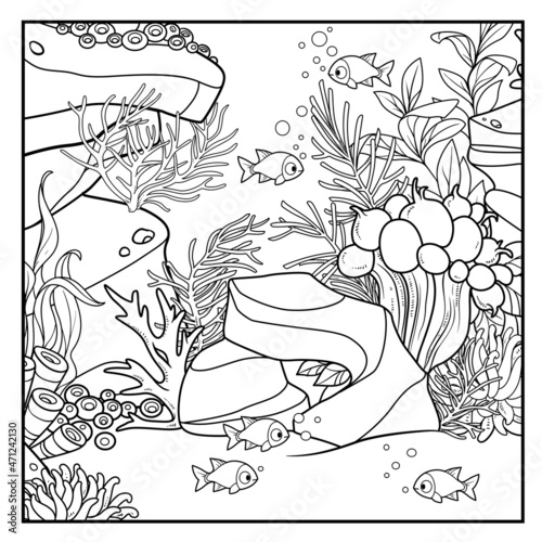 Cartoon underwater world with corals and fish outlined for coloring isolated on white background
