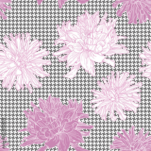 Black and white goosefoots seamless pattern from small circles with pink and white chysanthemum flowers. Hounds tooth halftone print, Chicken feet, pied-de-poule pattern background  photo