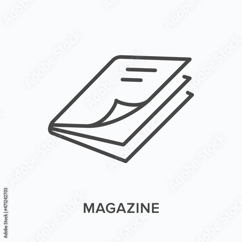 Magazine flat line icon. Vector outline illustration of journal. Black thin linear pictogram for learning press photo