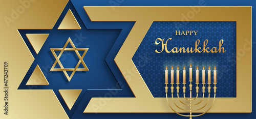 Happy Hanukkah card with nice and creative symbols and gold paper cut style on color background for Hanukkah Jewish holiday (translation : happy Hanukkah day, Hag HaHanukka)