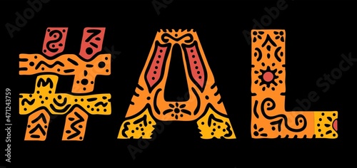 AL Hashtag. Multicolored bright isolate curves doodle letters. Hashtag #AL is abbreviation for the US American Alabama for social network, web resources, mobile apps.
