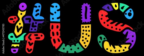 US Hashtag. Multicolored bright isolate curves doodle letters. Hashtag #US is abbreviation for the USA, United States of America for social network, web resources, mobile apps.
