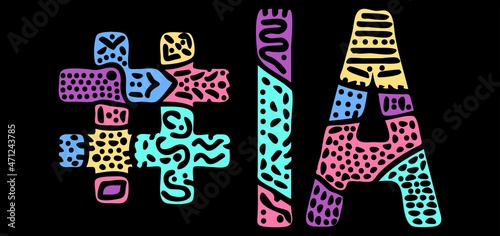 IA Hashtag. Multicolored bright isolate curves doodle letters. Hashtag #IA is abbreviation for the US American Iowa for social network, web resources, mobile apps.