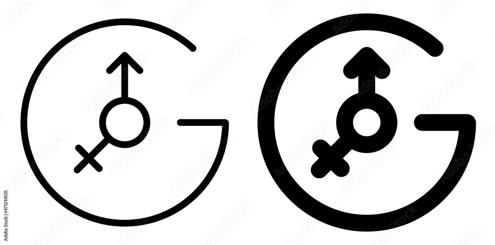 Letter G in shape of clock with Male and female gender symbols connected together. Time for strong union of man and woman. Simple black and white vector isolated on white back Letter G in shape of clock with Male and female gender symbols connected together. Time for strong union of man and woman. Simple black and white vector isolated on white back