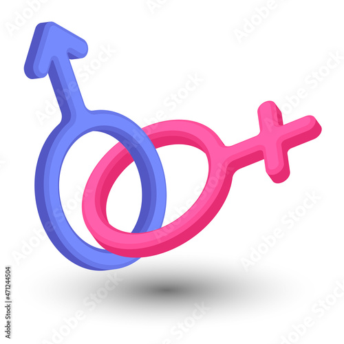 Isometric Male and female gender symbols connected together. Strong union of man and woman. Realistic 3D vector isolated on white background