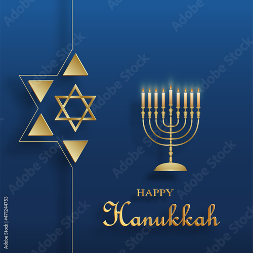 Happy Hanukkah card with nice and creative symbols and gold paper cut style on color background for Hanukkah Jewish holiday (translation : happy Hanukkah day, Hag HaHanukka)