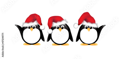 Christmas penguins isolated on white background. Penguins wearing Santa hats. EPS10 vector format. 
