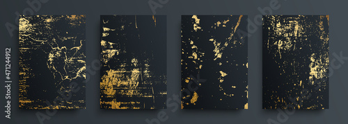 Set of gold grunge textures. Golden, grain, dirty, grungy effect for your design. Luxury covers collection. Vector illustration.	
