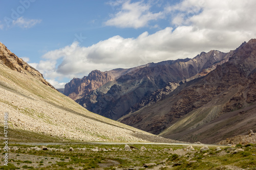 Beautiful landscape of the barren wilderness of the mountains of the Zanskar region in Ladakh in the Indian Himalaya.