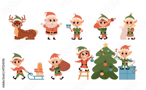 Christmas elves collection. Santa Claus helper. Set of cute character with gifts and christmas tree. Festive elf, deer and Santa isolated on white background.