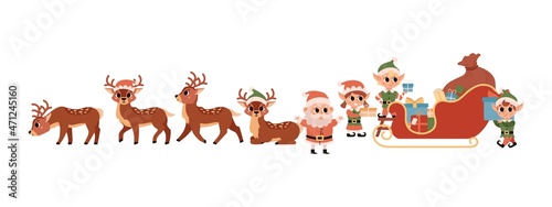 Christmas elves load gifts into Santa's magic sleigh. Santa Claus helper. Cute vector character. Festive elf, deers, Santa isolated on a white background.
