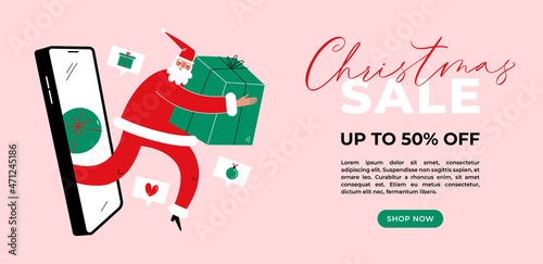 Santa claus with gift box comes out of smartphone. Fast online delivery Christmas gifts concept.