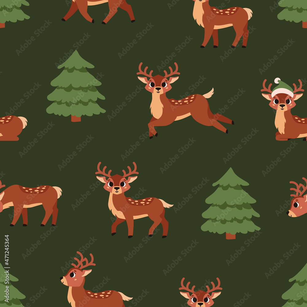 Obraz premium Winter tree landscape with deers. Vector seamless pattern with green spruces. Northern forest. Hand drawn illustration.