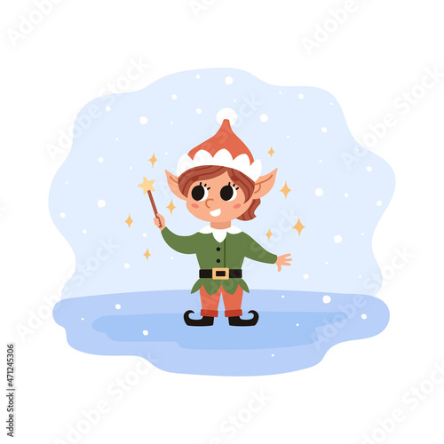 Christmas elf is holding a magic wand. Santa Claus helper. Cute vector character. Festive elf at the snowy North Pole.