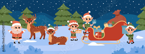 Christmas elves load gifts into Santa's magic sleigh. Santa Claus helper. Cute vector character. Festive elf, deers, Santa at night in the forest at the North Pole.