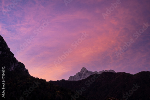 Fiery sky at dawn in the mountains