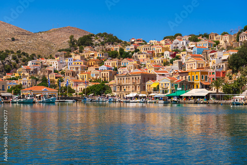 Symi  Greek island with the fabulous colorful architecture. View of the waterfront.