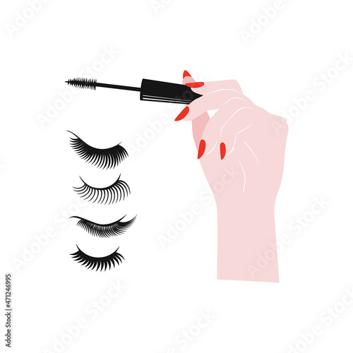 Curvy eyelashes black mascara makeup clipart isolated on white. Sassy girl power illustration collection.