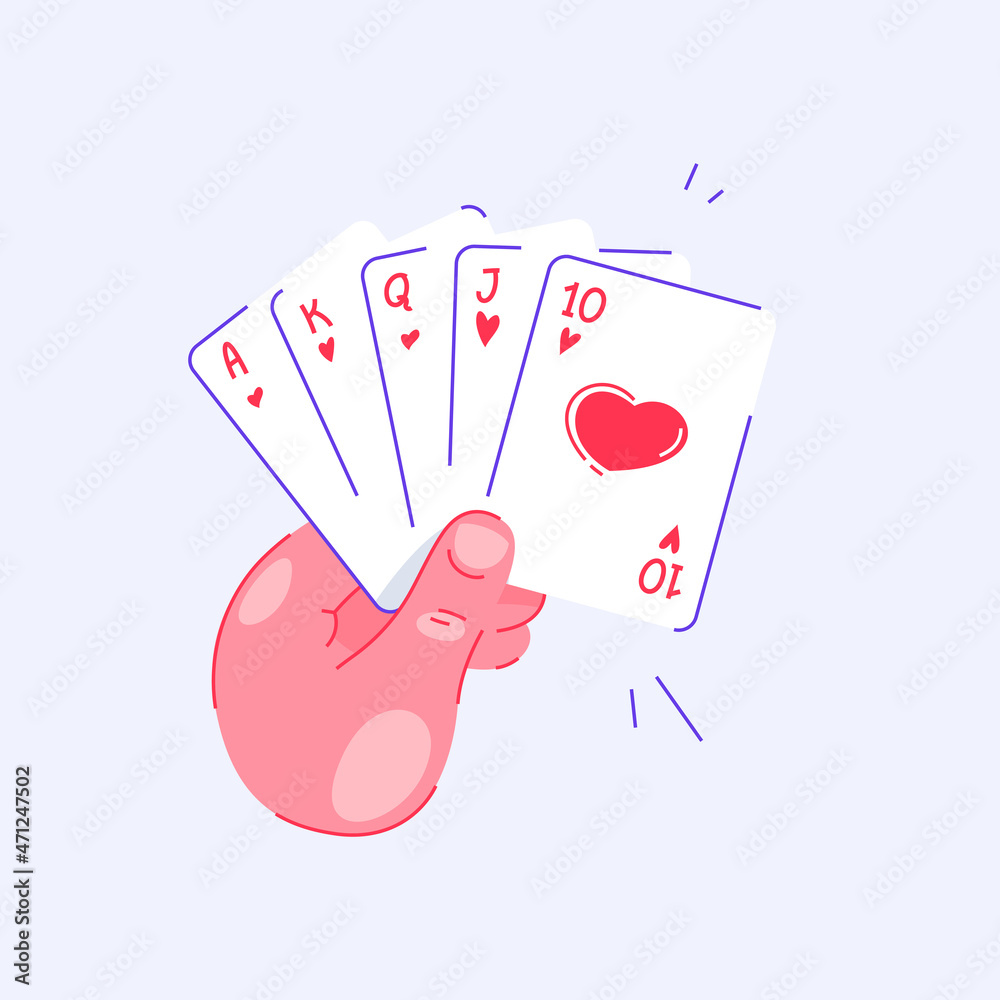Obraz premium Hand holding playing cards. Royal flush in hearts in poker. Pastime with friends. Family table leisure games. Sports and recreation. Isolated background.