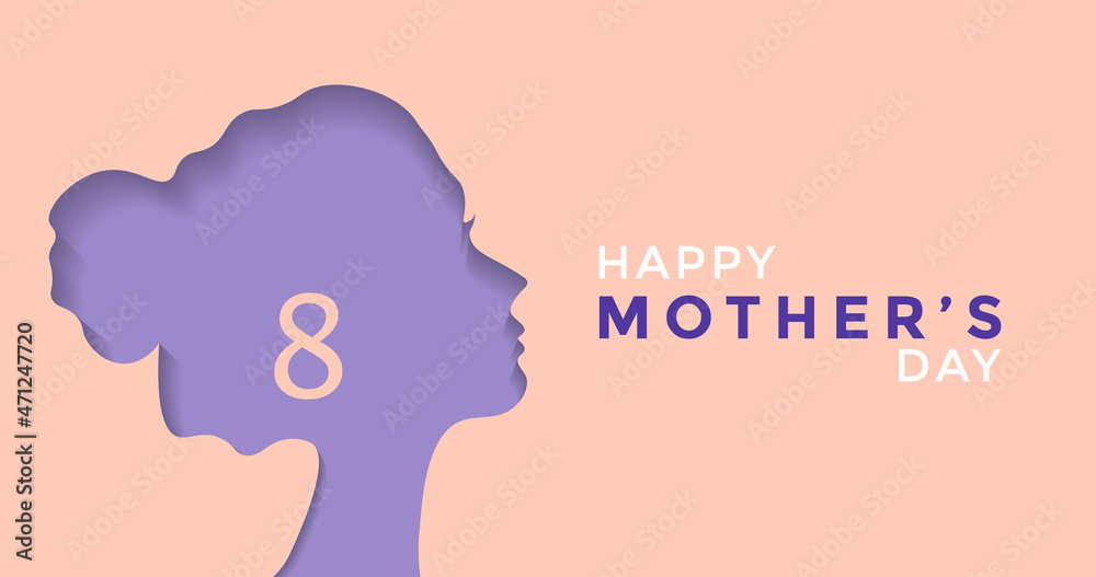 Happy Mother's Day Vector Illustration Concept. Purple Paper Cutout Girl Face. Woman Head Illustration from Side View Happy Mother's Day. Template for UI, Banner, Web, or Greeting Card
