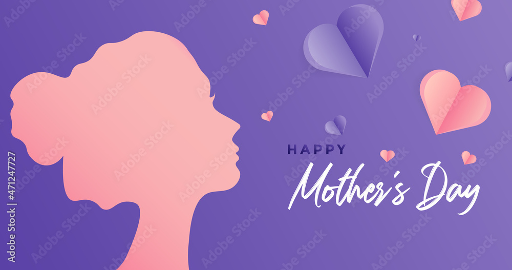 Happy Mother's Day Vector Illustration Concept. Purple Paper Cutout Girl Face. Woman Head Illustration from Side View Happy Mother's Day. Template for Web, Banner, UI, or Greeting Card