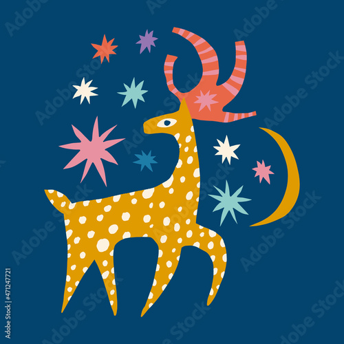 Christmas doodle character deer childish cartoon boho naive funky handdrawn style art vector 