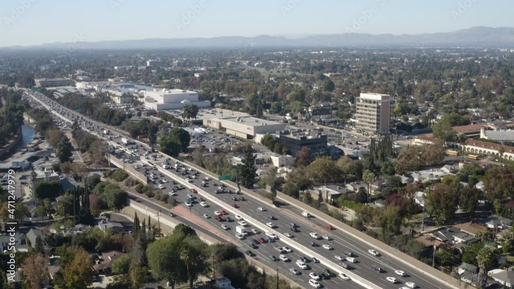 Aerial of heavy traffic on the 101 Freeway in Sherman Oaks California. Aerial of heavy traffic on the 101 Freeway in Sherman Oaks California.