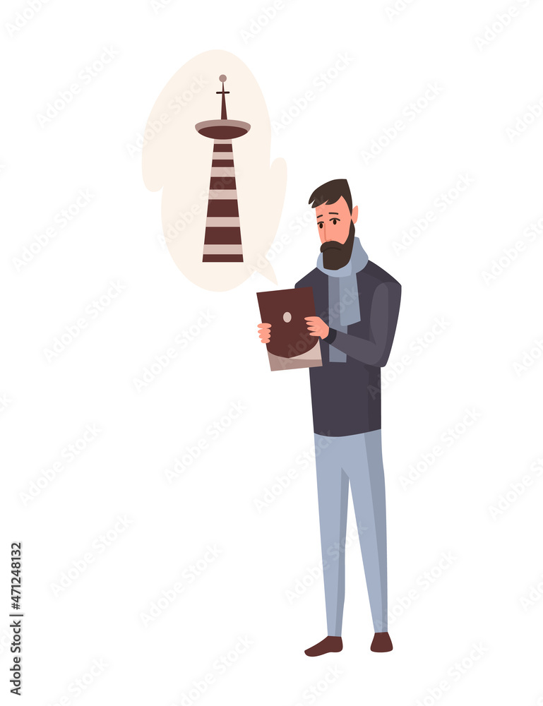 Builder or architect. Professional character. Male engineer thinking about new project isolated on white background. Project presentation Builder or architect. Professional character. Male engineer thinking about new project isolated on white background. Project presentation