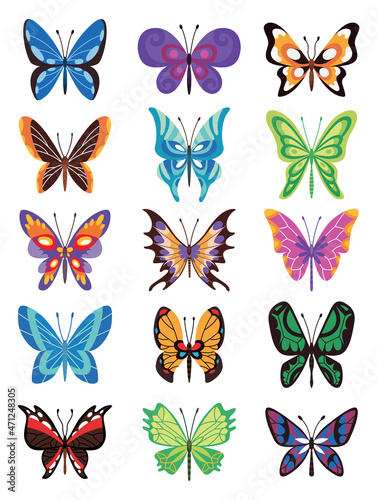 Collection of color butterfly. Hand drawn moth wings or insects. Tropical animals. Isolated icons set