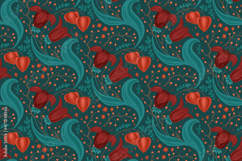 Seamless pattern with flowers, berries on twigs and physalis. Floral ornament on blue background. Vector natural texture with bouquets with hand drawn decoration for fabrics and wallpapers