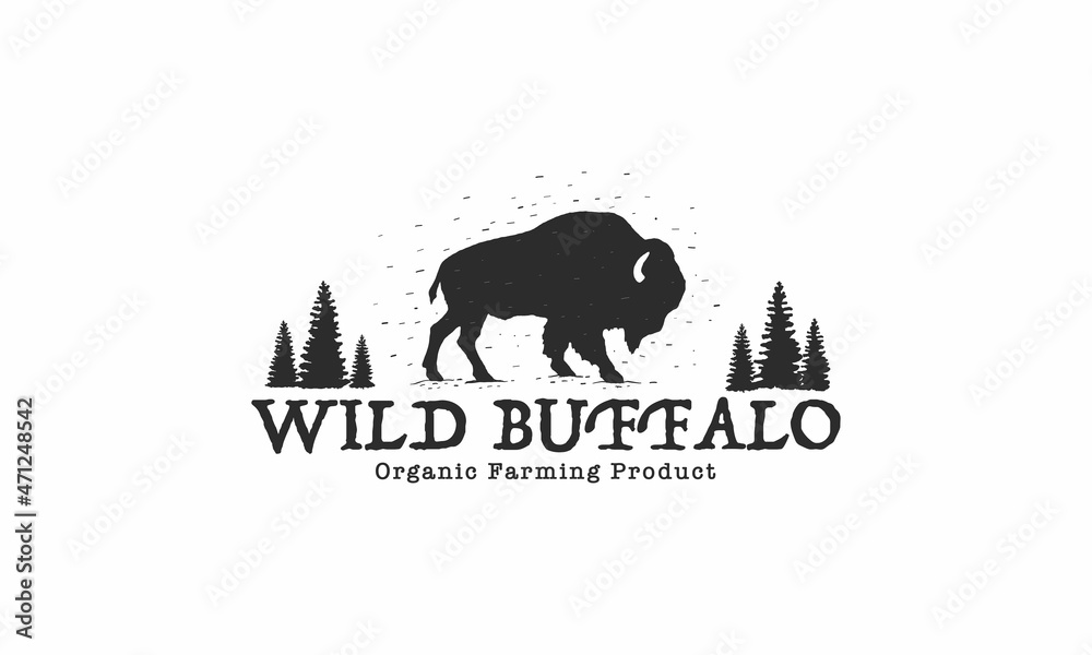 Naklejka premium Wild Buffalo vintage Logo Design. Bison Bull Buffalo Angus Silhouette Vintage Retro Logo, Buffalo Breeders Vector Illustration.