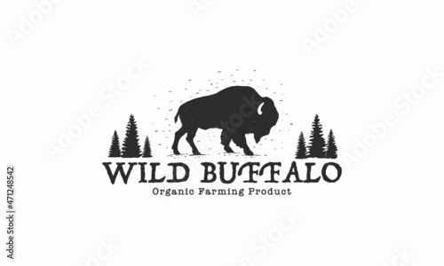 Wild Buffalo vintage Logo Design. Bison Bull Buffalo Angus Silhouette Vintage Retro Logo, Buffalo Breeders Vector Illustration.