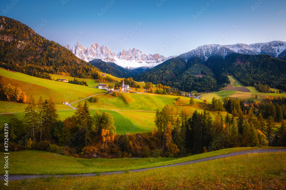 St. Magdalena village with a view of the Odle ridge. Location Val di Funes, Trentino-Alto Adige, Italy, Europe.