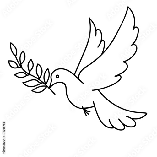 Hand-drawn black vector illustration of one dove with a branch is flying on a white background