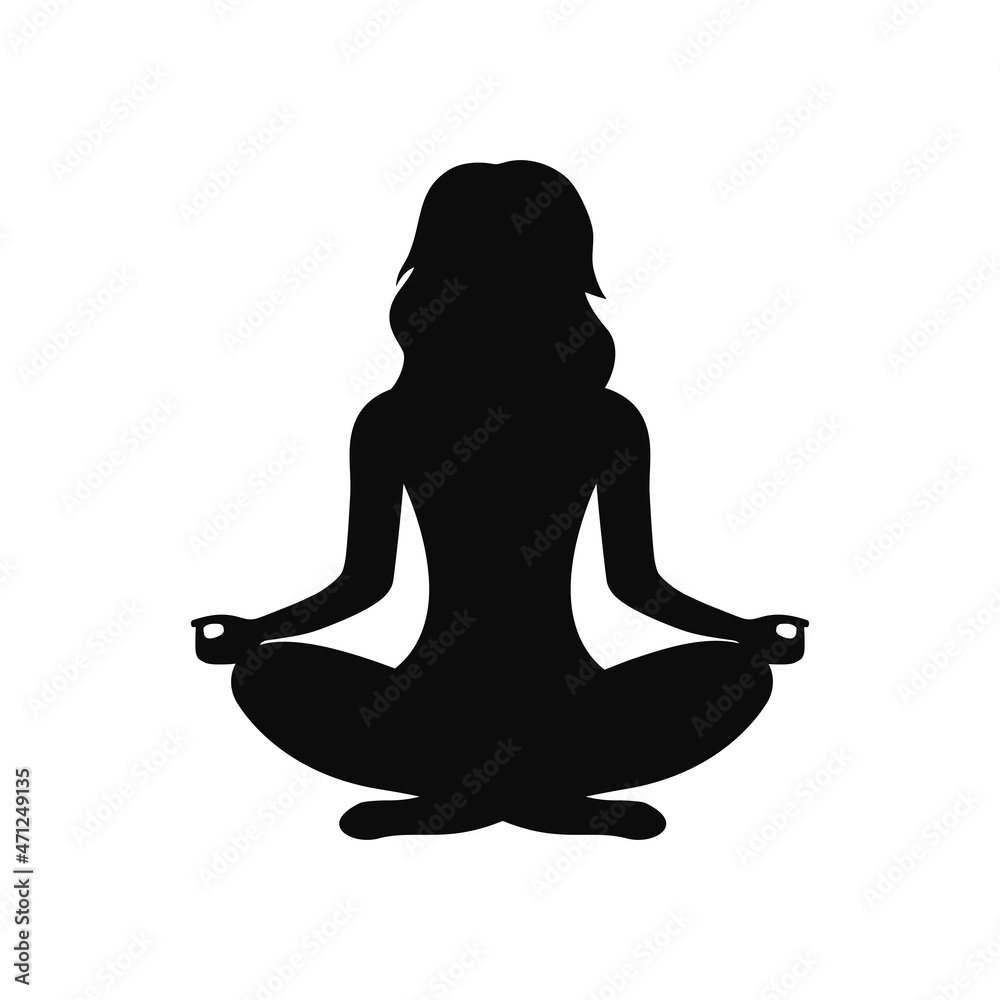 Black silhouette of a woman in a pose for meditation. Meditation and yoga in the lotus position. Vector illustration isolated on white background.