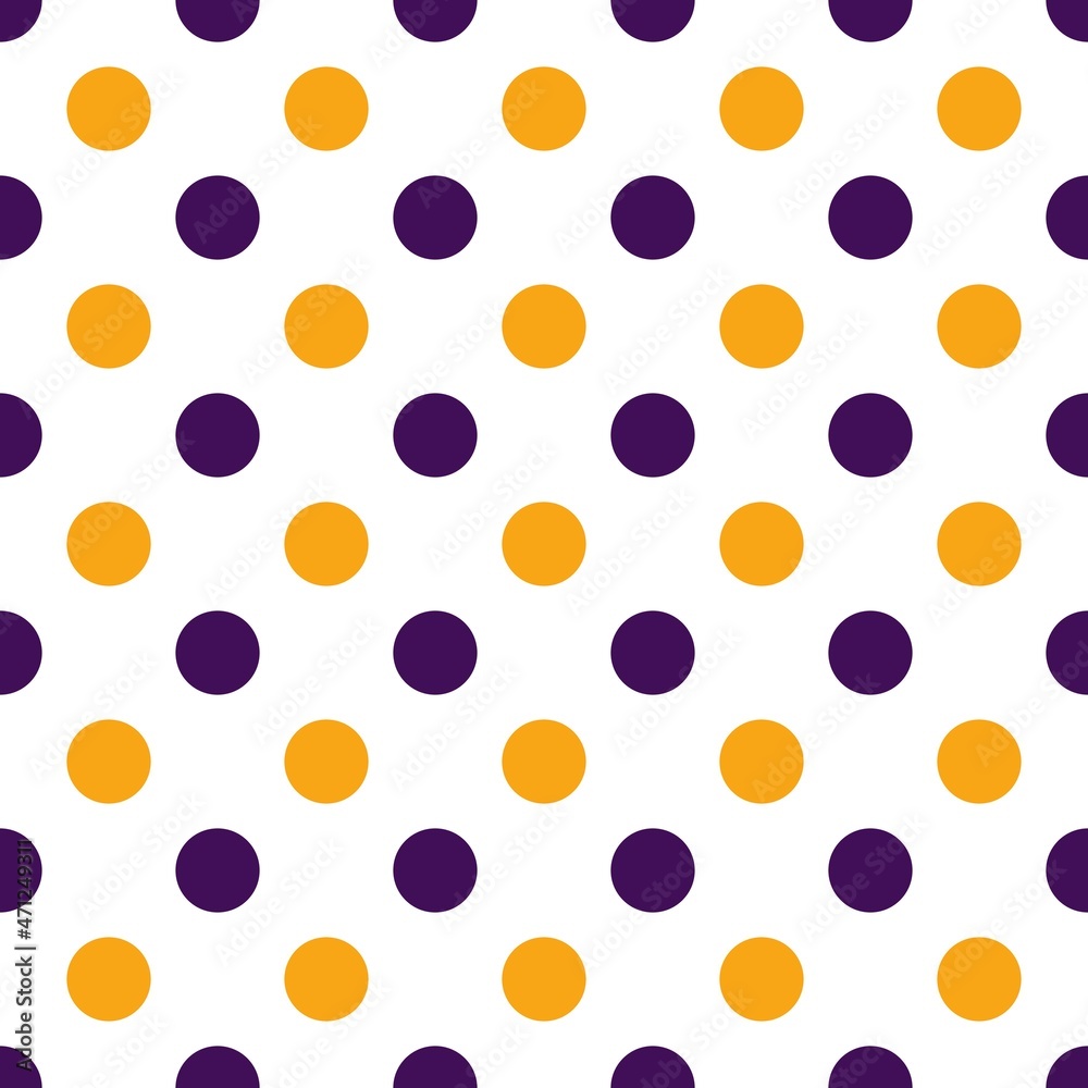 Orange and purple polka dots, seamless pattern on white background. Vector illustration. Happy Halloween. Orange and purple polka dots, seamless pattern on white background. Vector illustration. Happy Halloween.