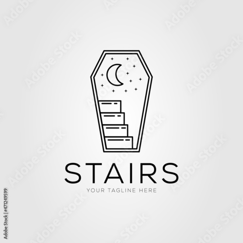 stair on coffin door line art logo vector illustration design. stairway to heaven at night symbol