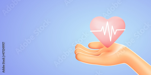 Health, medicine and charity concept - closeup of hand holding pink heart with ecg line.