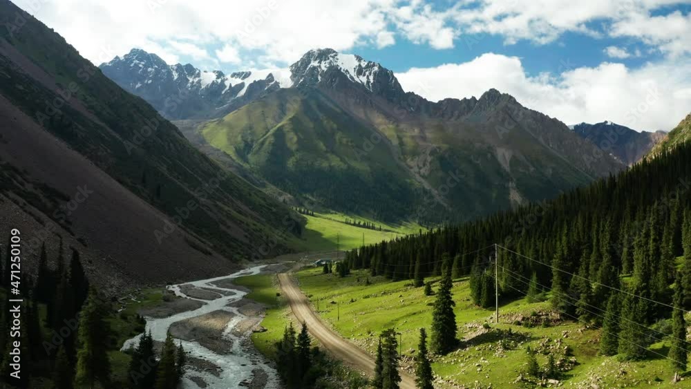 Aerial view of beautiful mountain landscape in Kyrgyzstan. Barskoon gorge