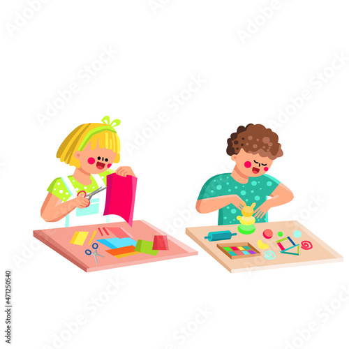 Boy And Girl Kids Crafting In Classroom Vector. Preteen Schoolboy And Schoolgirl Children Crafting Together With Paper And Plasticine. Characters Educational Creativity Time Flat Cartoon Illustration