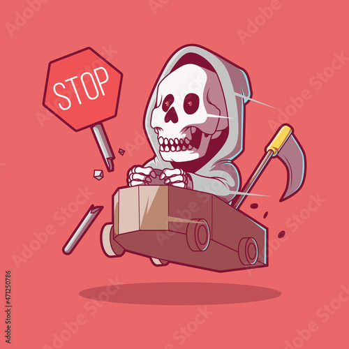Reaper racing a coffin car vector illustration. Funny, sports, comics design concept.