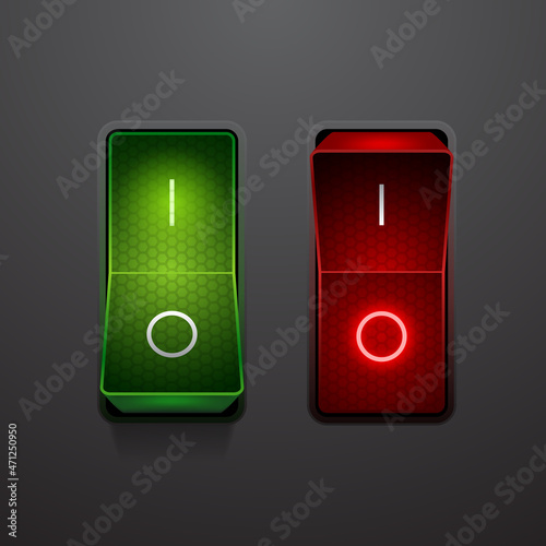 Green and red switch buttons, vector illustration of a toggle switch buttons with glowing effect