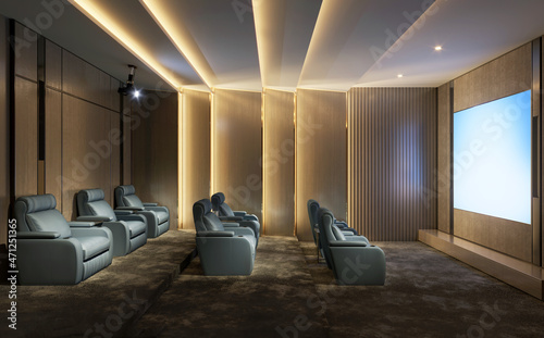 Bild auf Leinwand 3d moody interior home cinema room with yellow lights and light blue leather arm